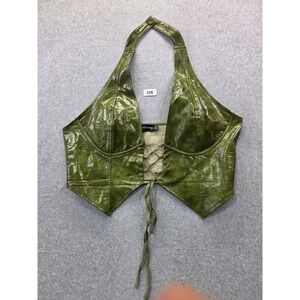 PrettyLittleThing Olive Green Faux Leather Lace Up Halter Corset Top USA 12